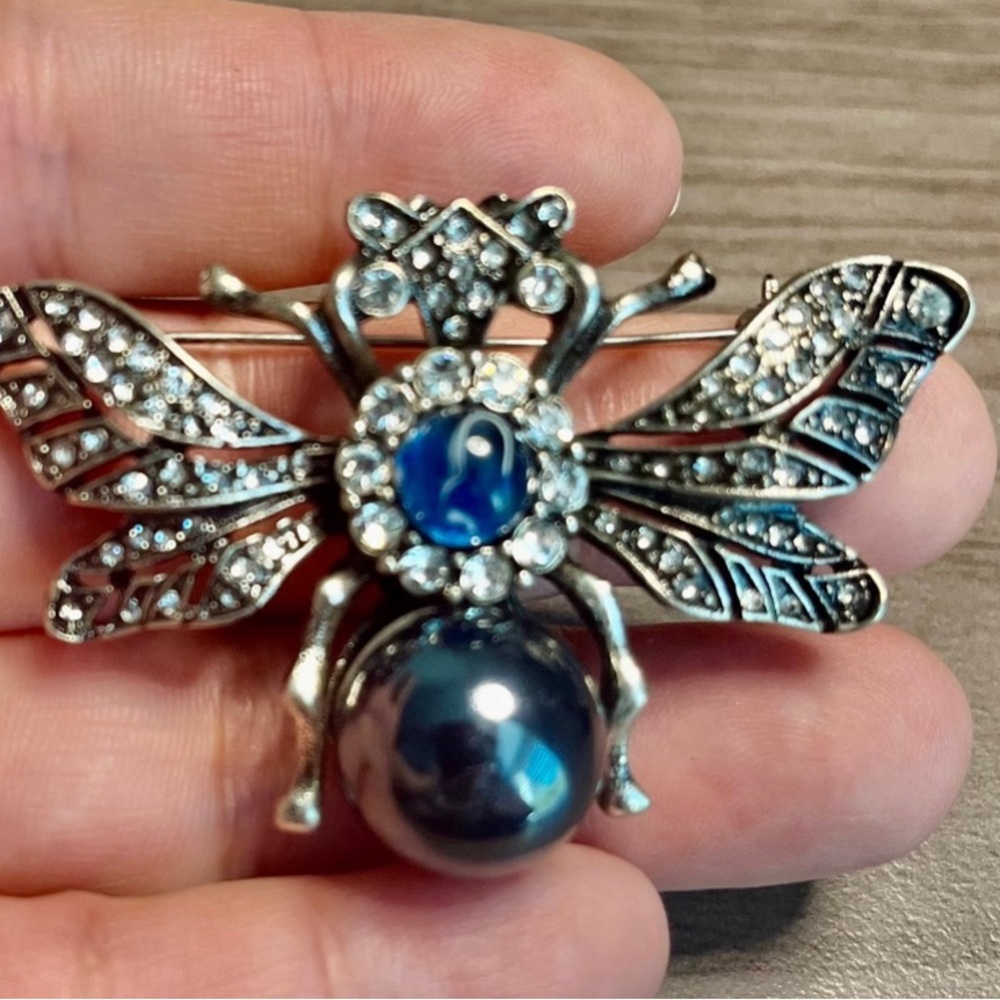 Elegant Silver and Blue Insect Brooch